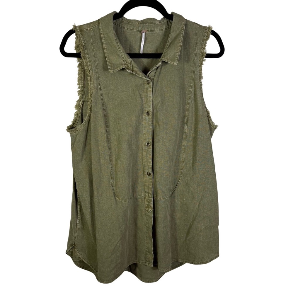 Free People Olive Green Frayed-Sleeve Button Down Tank